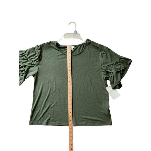 Lily White Blouse Top Womens Size L Green Crew Neck Ruffle Short Sleeve Pullover - Picture 4 of 5